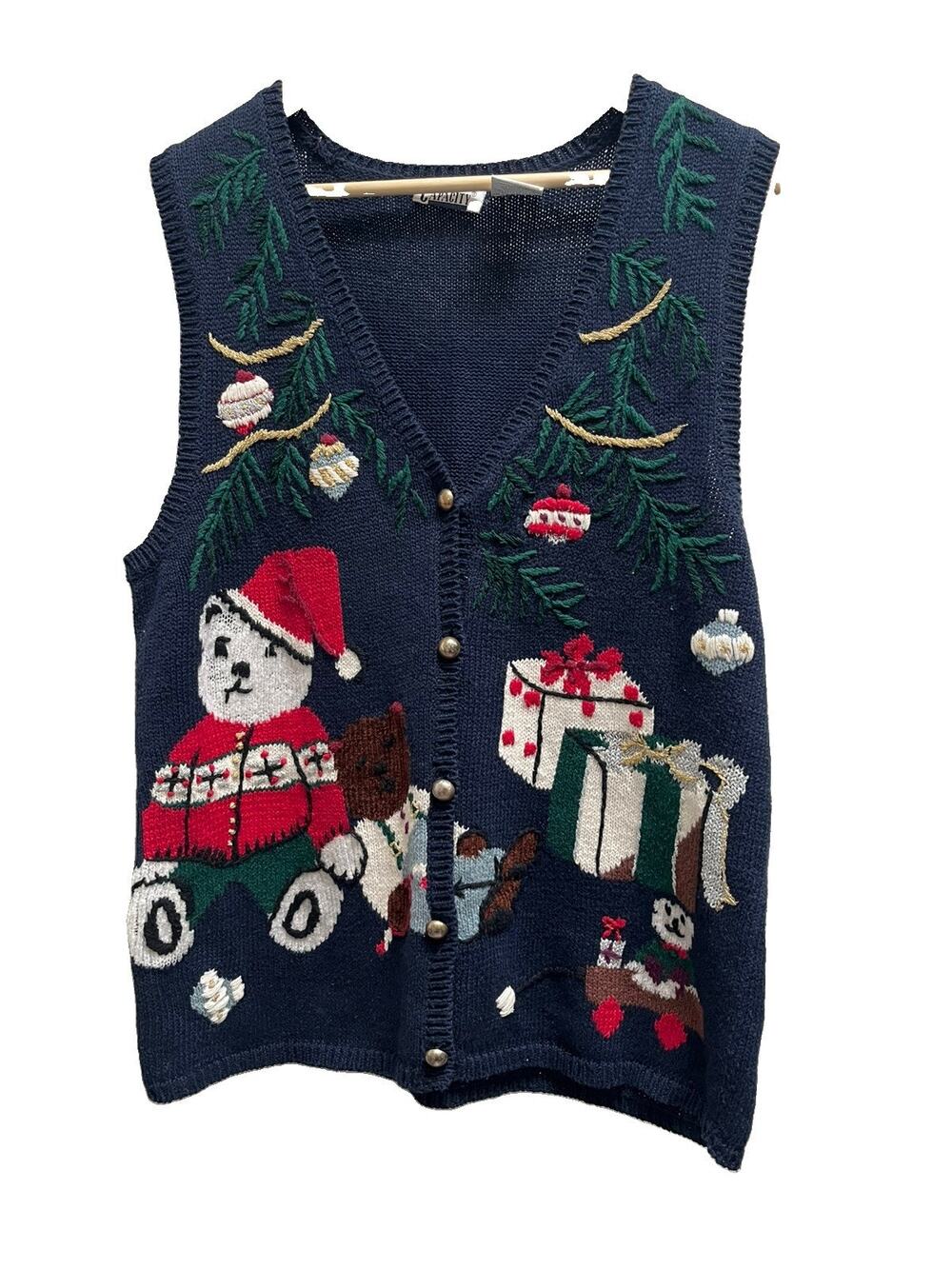 Capacity Christmas Sweater Vest Womens S Santa Gifts Embroidered Navy Holiday
